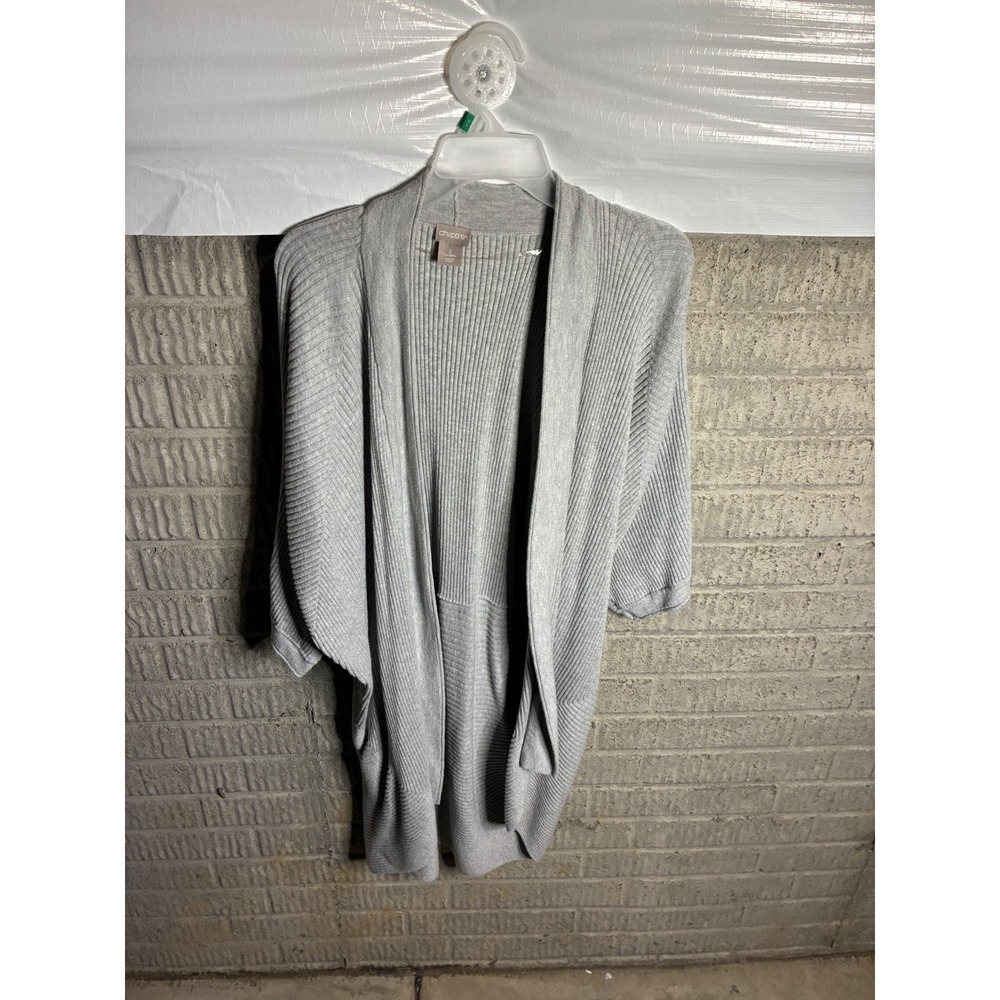 Chicos Womens Gray Ribbed Knit Open Front Cardigan Sweater Size 2
